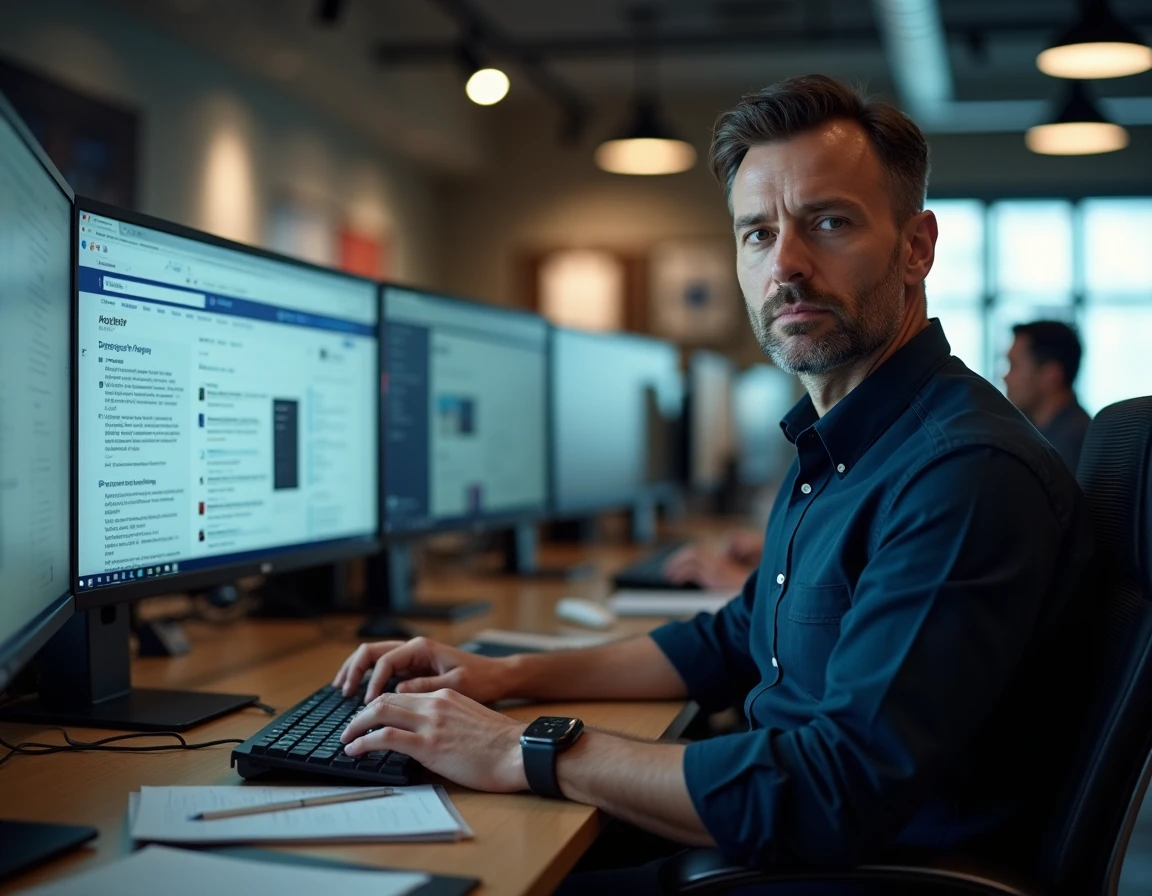 Journaliste vérifiant des informations en ligne dans une salle de rédaction moderne, symbolisant la vérification des faits face aux rumeurs internet