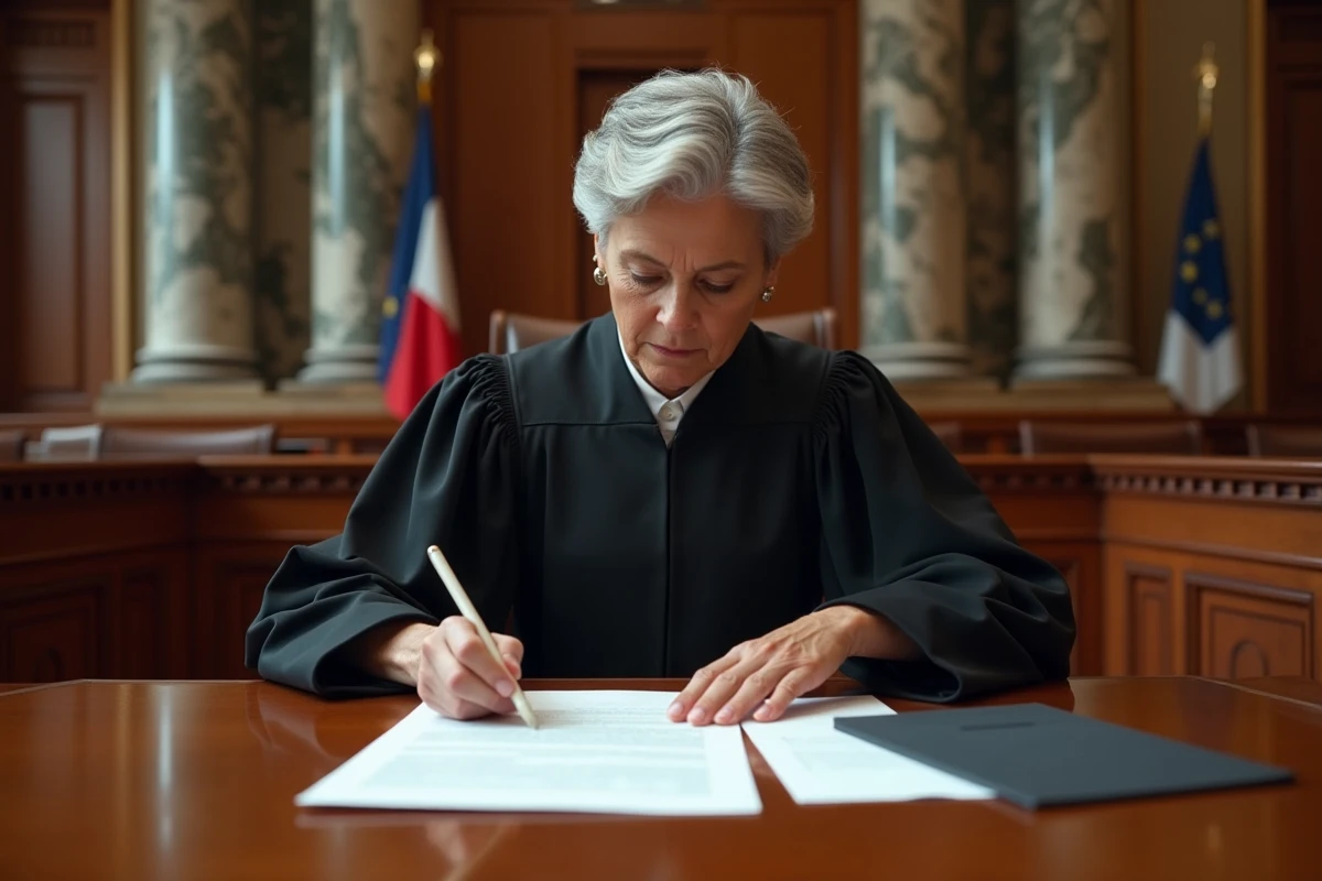 Juge en robe noire lit des documents dans la salle d