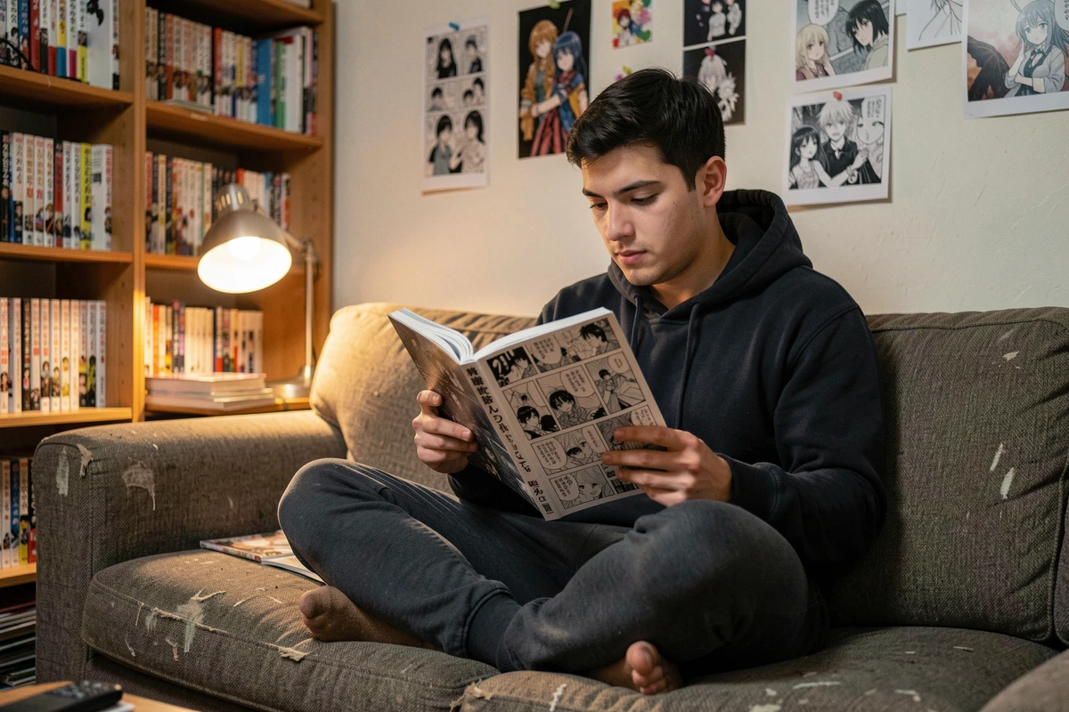 Jeune homme lisant un manga Solo Leveling dans sa chambre entourée de volumes en japonais et d'affiches de fan art
