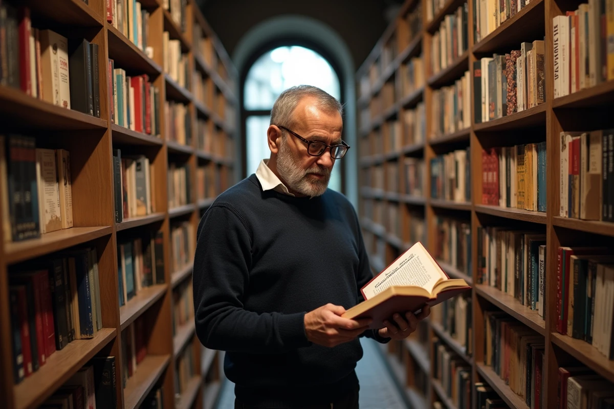 Homme lisant un recueil de poésie italienne bilingue dans une librairie indépendante florentine