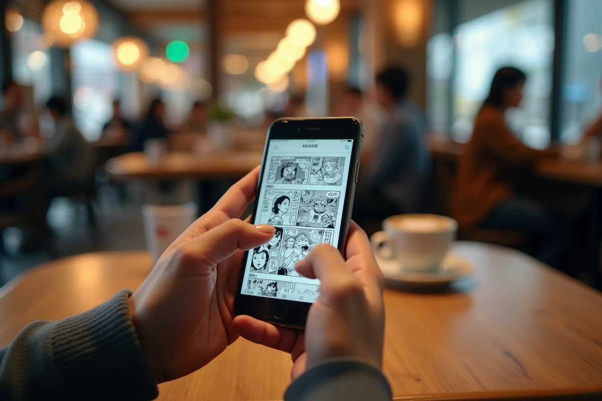Gros plan sur des mains tenant un smartphone affichant un site de lecture de scans manga en VF, dans un café animé en arrière-plan flou