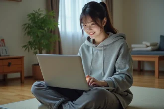 Jeune femme lisant des scans manga en VF sur un site de lecture en ligne depuis son ordinateur portable, dans un salon minimaliste d'inspiration japonaise