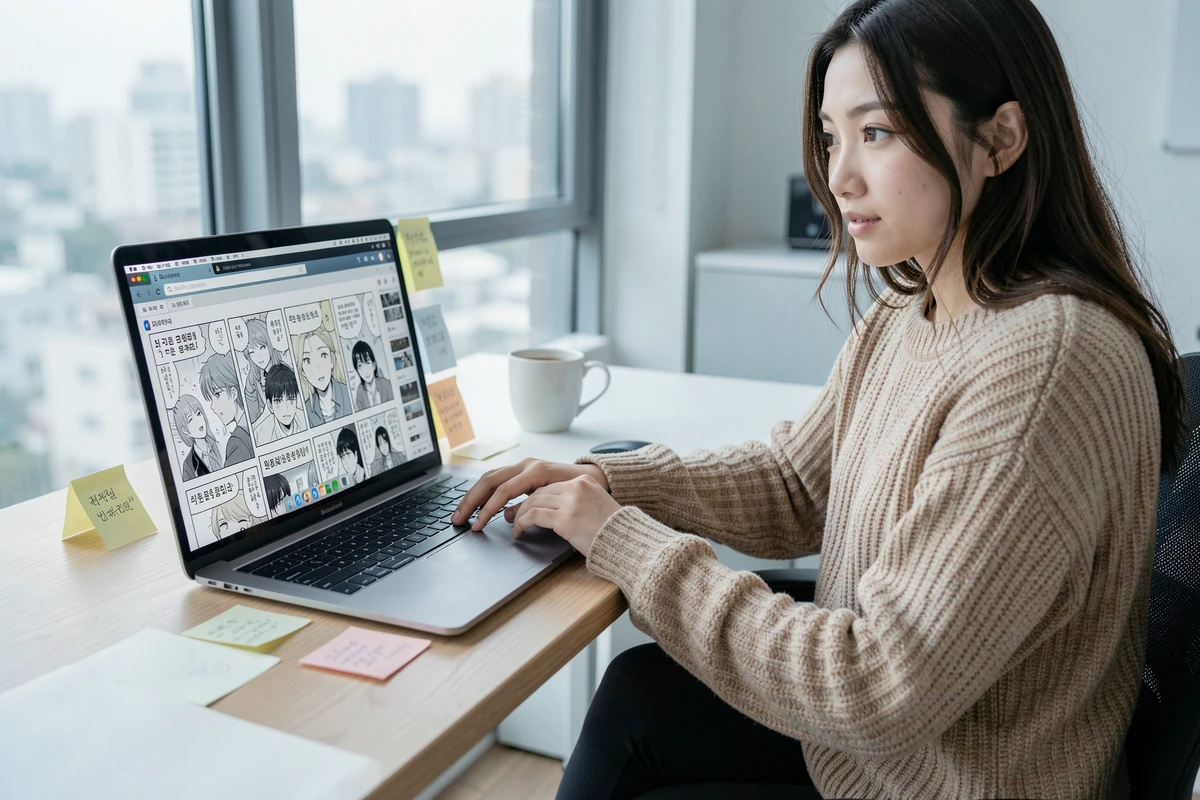 Jeune femme lisant Solo Leveling en VF sur son ordinateur portable depuis un bureau à domicile moderne