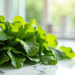 Légumes verts riches en vitamine K2 sur un plan de travail blanc