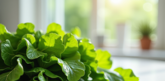Légumes verts riches en vitamine K2 sur un plan de travail blanc