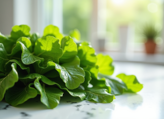 Légumes verts riches en vitamine K2 sur un plan de travail blanc