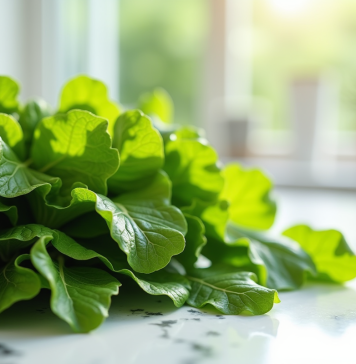Légumes verts riches en vitamine K2 sur un plan de travail blanc