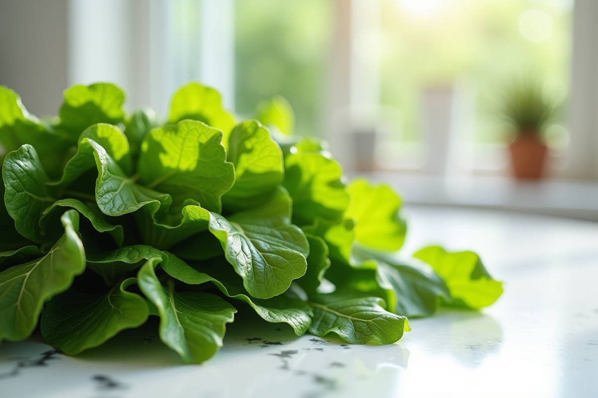 Légumes verts riches en vitamine K2 sur un plan de travail blanc