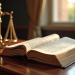 Livre de droit ouvert sur un bureau en bois avec balances de justice