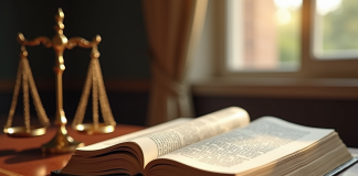 Livre de droit ouvert sur un bureau en bois avec balances de justice