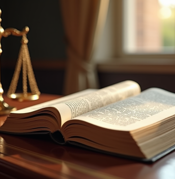 Livre de droit ouvert sur un bureau en bois avec balances de justice