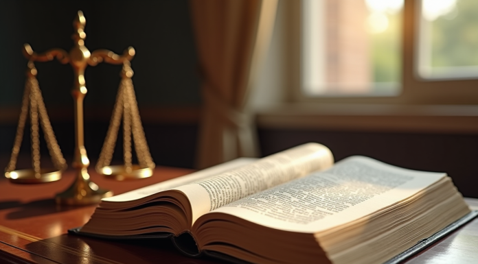 Livre de droit ouvert sur un bureau en bois avec balances de justice