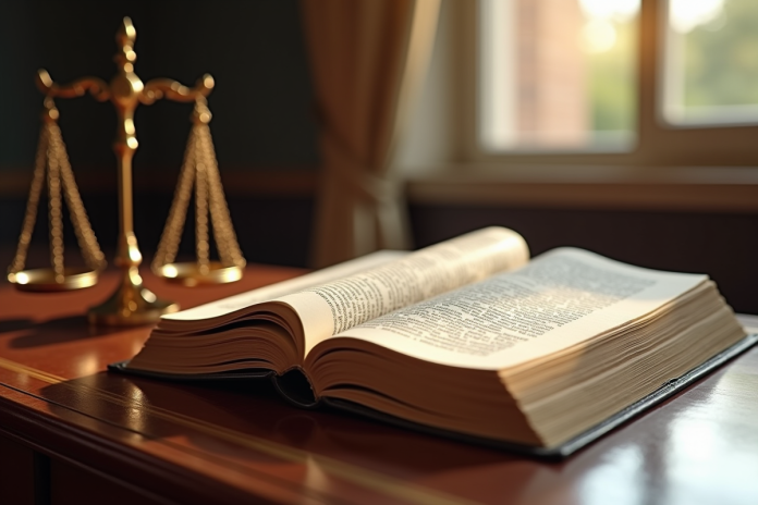 livre-de-droit-ancien Livre de droit ouvert sur un bureau en bois avec balances de justice