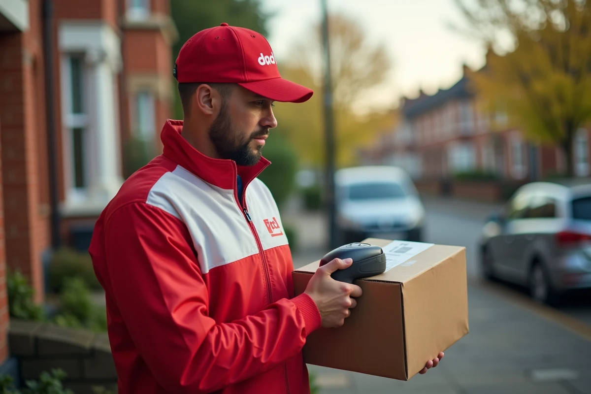 Livreur DPD en uniforme scannant un colis devant une porte résidentielle pour un suivi express