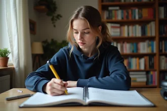 Lycéenne révisant les règles des capitales rares pour le Bac sur un bureau en bois avec des cahiers et des livres de grammaire