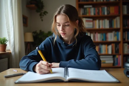 Lycéenne révisant les règles des capitales rares pour le Bac sur un bureau en bois avec des cahiers et des livres de grammaire
