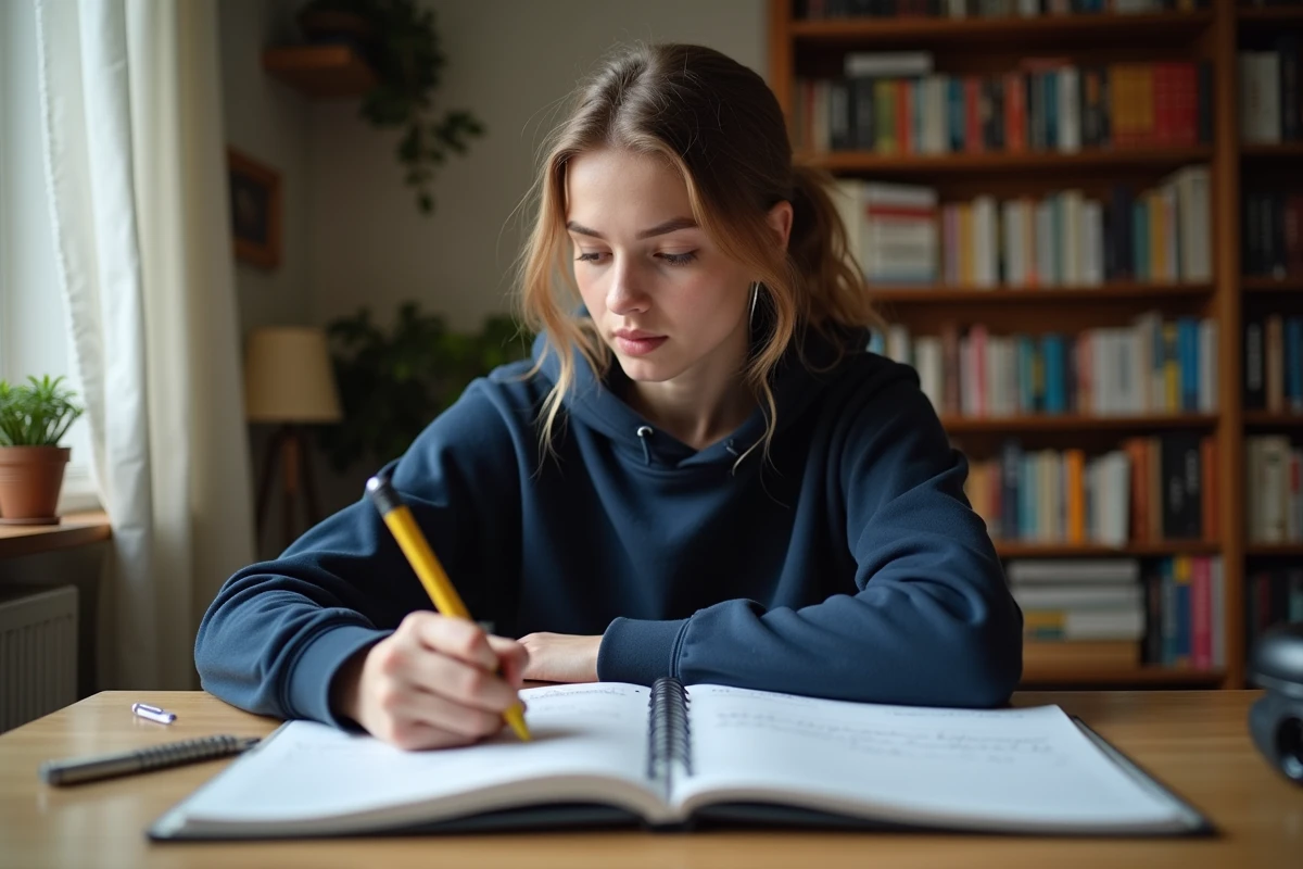 Lycéenne révisant les règles des capitales rares pour le Bac sur un bureau en bois avec des cahiers et des livres de grammaire