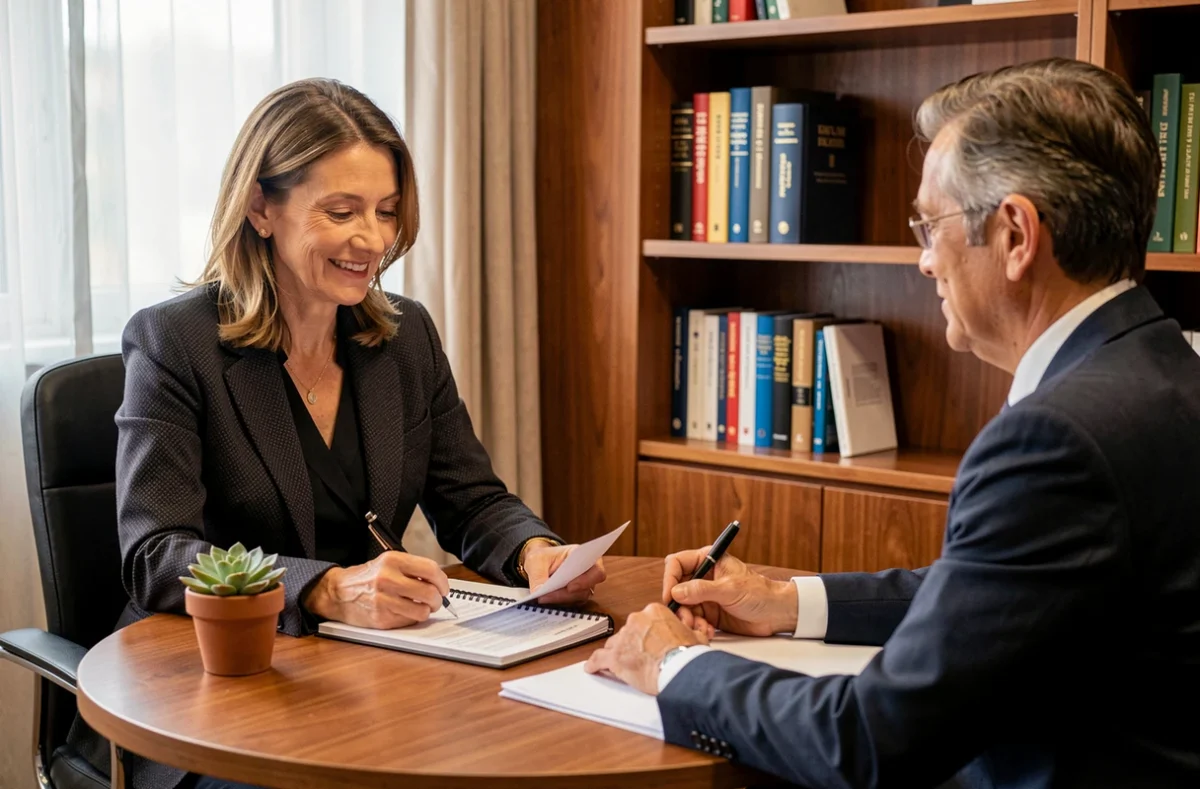 Maître Céline Gruau, avocate en droit commercial et droit de la famille, en consultation avec un client autour de documents contractuels