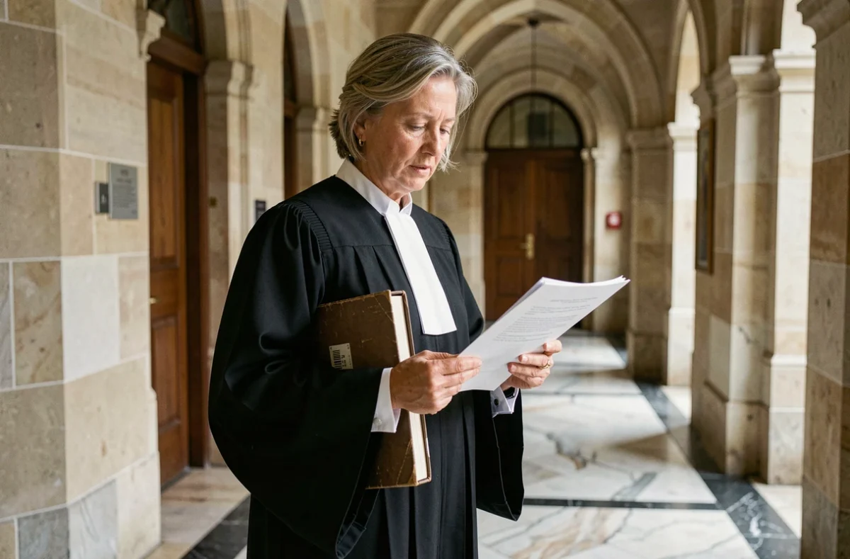 Maître Guylène Grimault, avocate expérimentée en contentieux, en robe d'audience dans un couloir de palais de justice normand