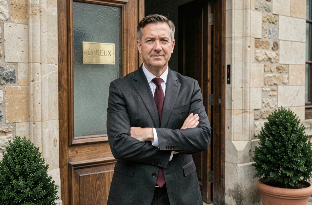 Maître Laurent Gomis, avocat au barreau d'Évreux, devant l'entrée de son cabinet à l'architecture normande traditionnelle