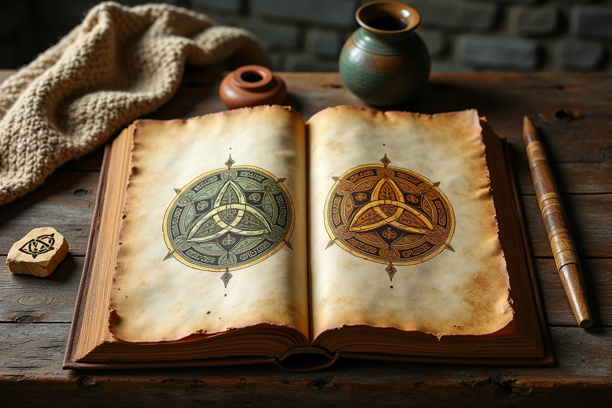 Manuscrit médiéval illustré de symboles triskel celtiques en encre ancienne posé sur une table en chêne dans un cadre monastique