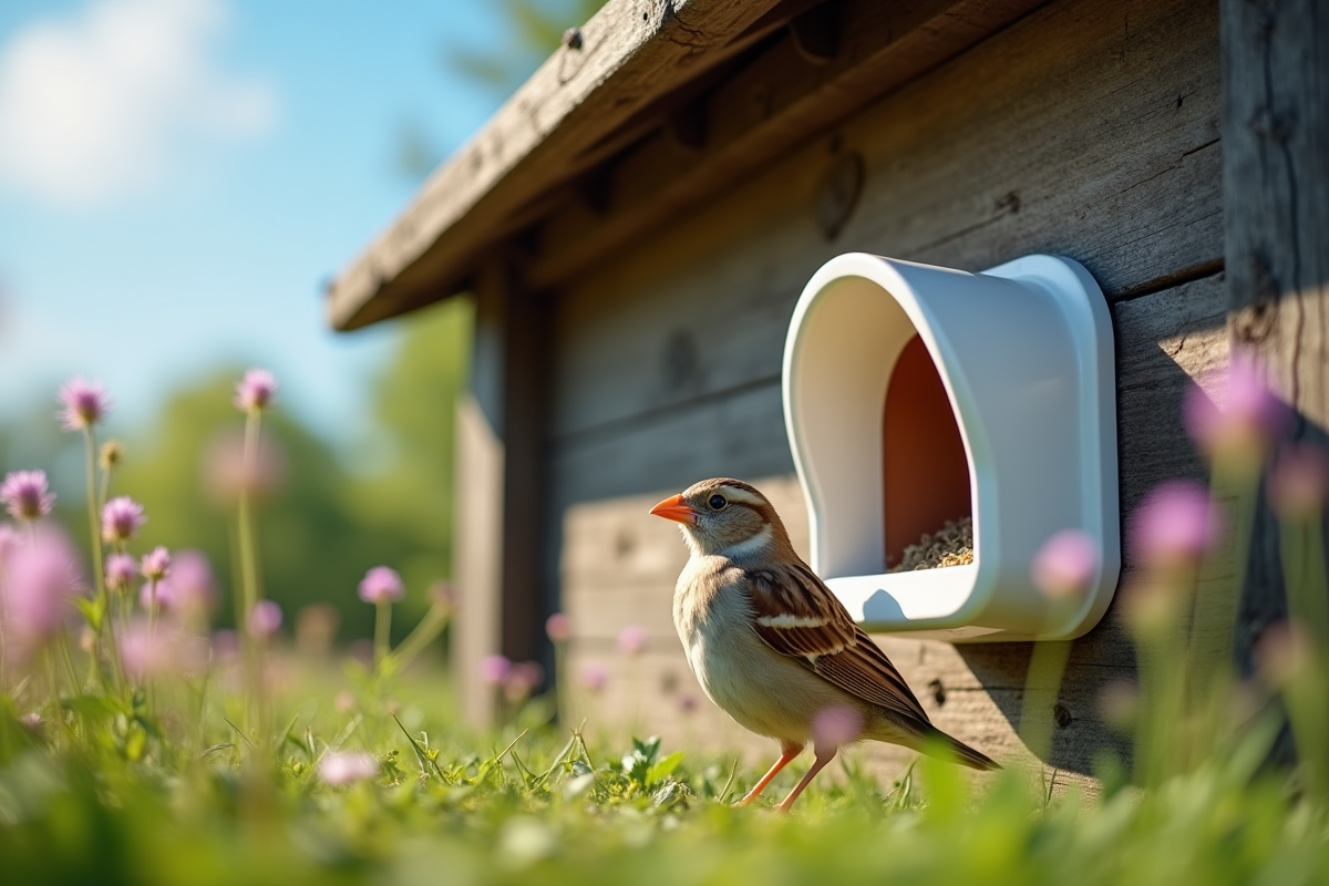 Gros plan d un moineau devant un nichoir PVC sous un abri en bois en plein jour