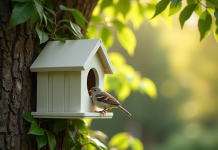 Petit nichoir PVC fixé à un arbre dans un jardin ensoleille avec un moineau