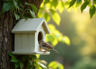 La cache en PVC pour moineau : un outil indispensable pour les amoureux de la nature Petit nichoir PVC fixé à un arbre dans un jardin ensoleille avec un moineau
