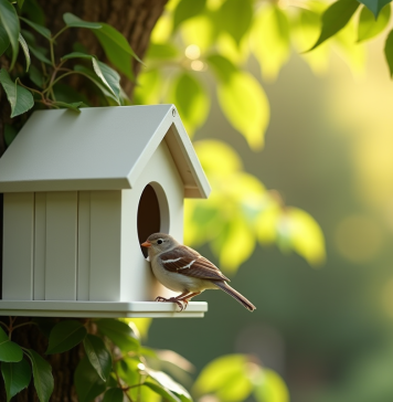 La cache en PVC pour moineau : un outil indispensable pour les amoureux de la nature Petit nichoir PVC fixé à un arbre dans un jardin ensoleille avec un moineau