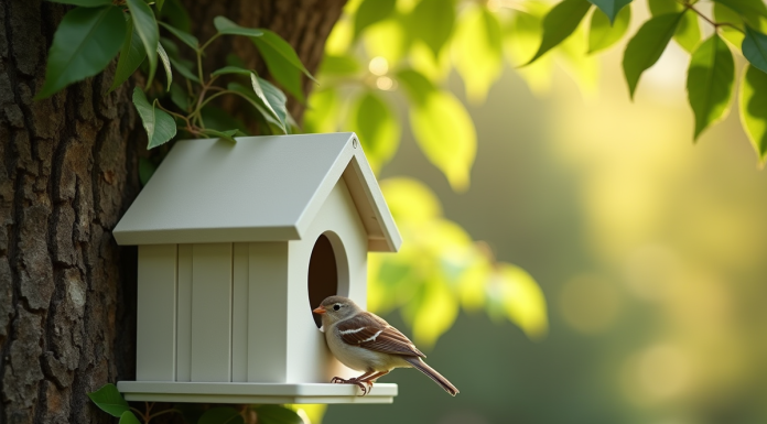 Petit nichoir PVC fixé à un arbre dans un jardin ensoleille avec un moineau