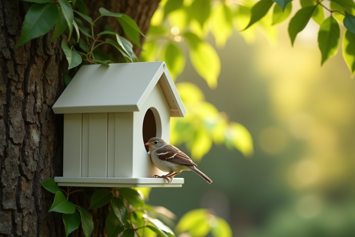Petit nichoir PVC fixé à un arbre dans un jardin ensoleille avec un moineau
