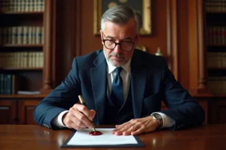 Notaire en costume scelle un document officiel avec cire