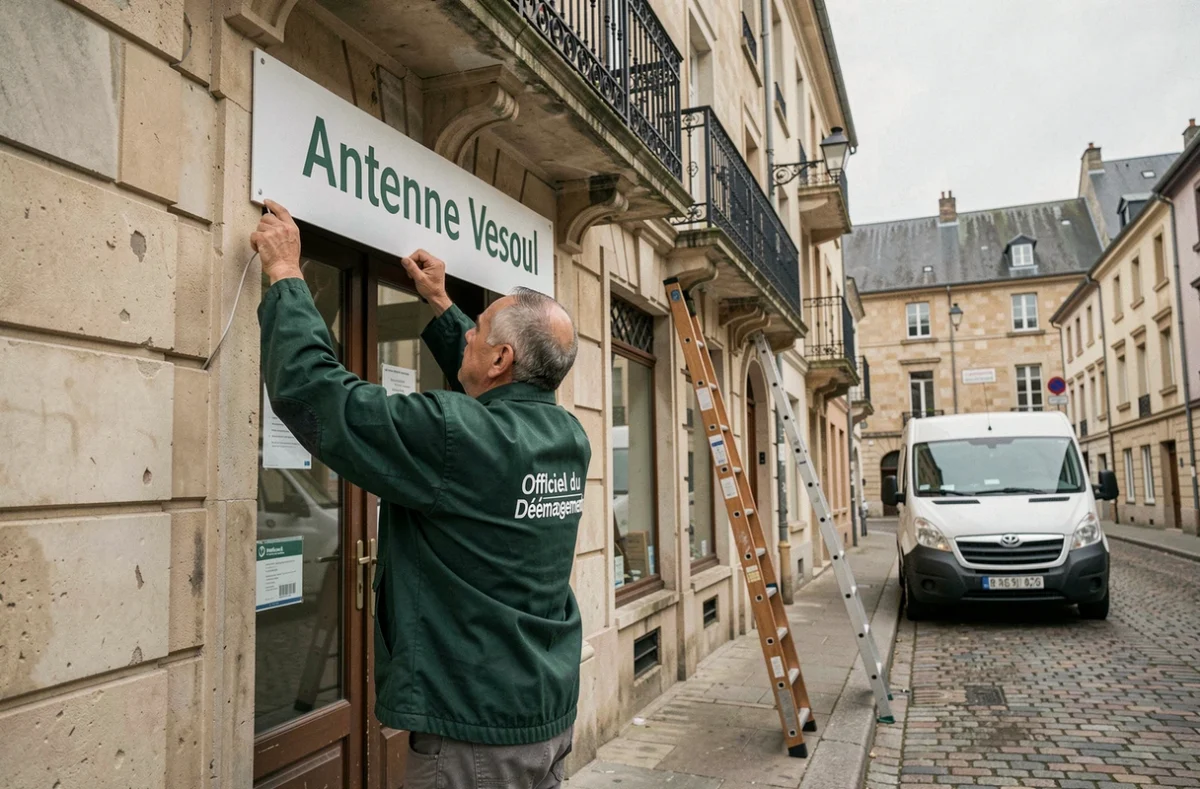 Déménageur de l'Officiel du Déménagement installant une enseigne de son antenne à Vesoul