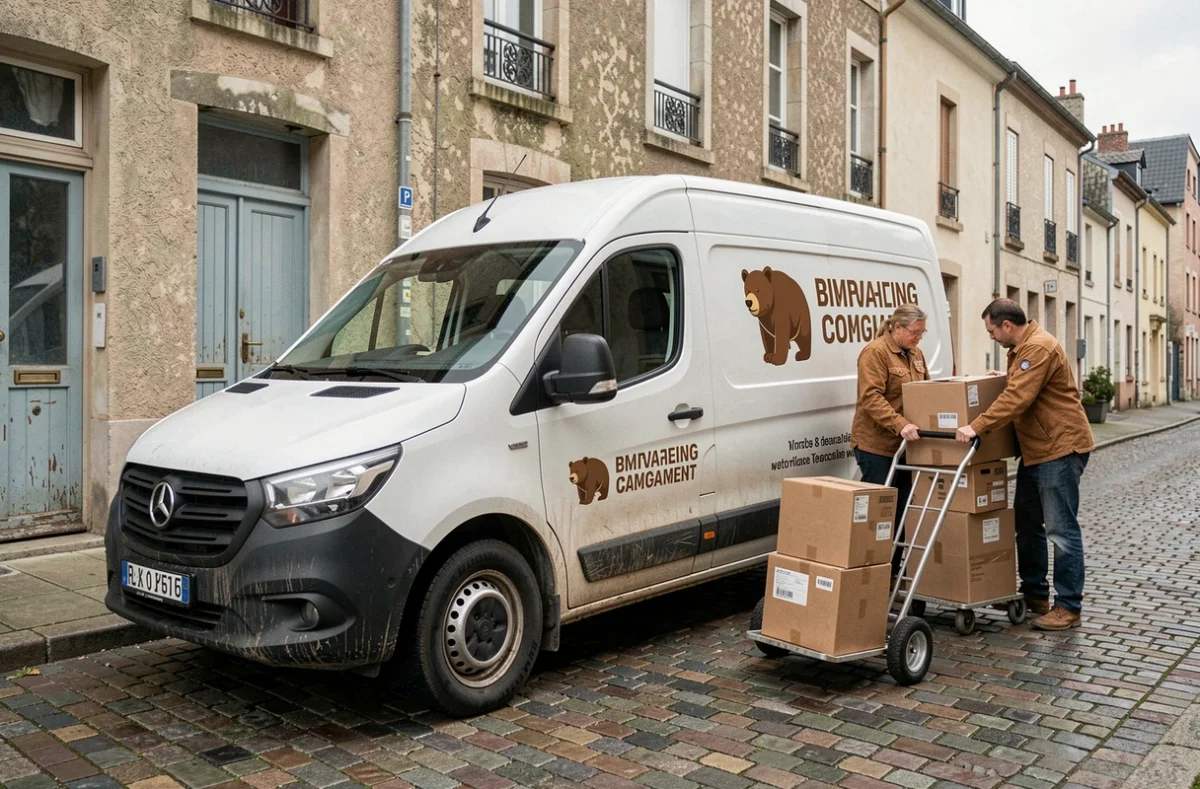 Camionnette de L'Ours Brun Déménagement avec son logo distinctif garée devant un immeuble résidentiel