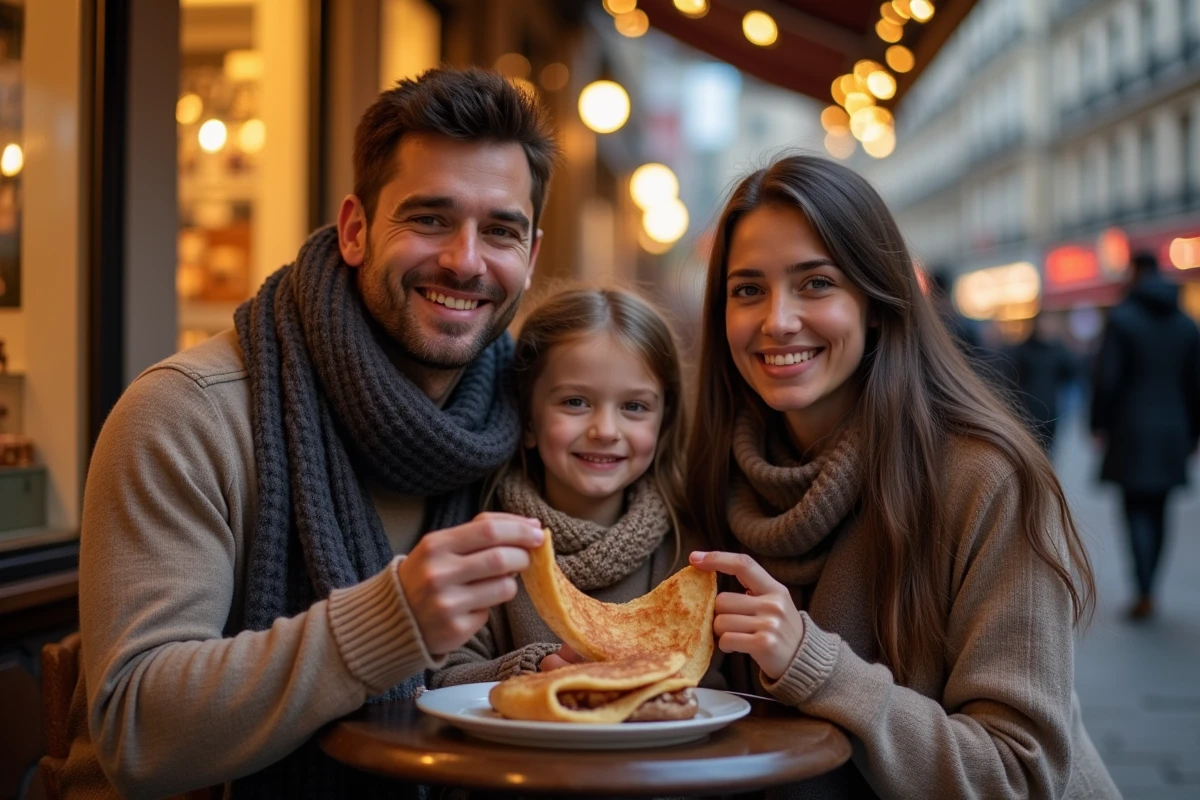 Parents et enfant partageant une crepe devant une patisserie &agrave; Toulouse