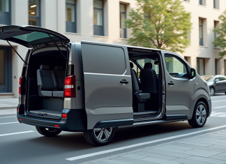 Véhicule Peugeot Expert en ville avec portes ouvertes