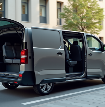 Véhicule Peugeot Expert en ville avec portes ouvertes