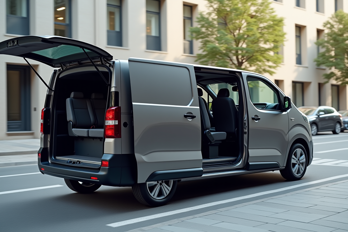 Véhicule Peugeot Expert en ville avec portes ouvertes