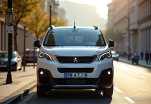 Peugeot Rifter 2024 stationné en ville en vue frontale