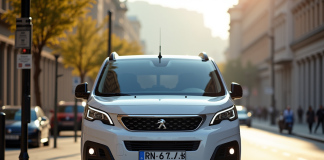 Peugeot Rifter 2024 stationné en ville en vue frontale