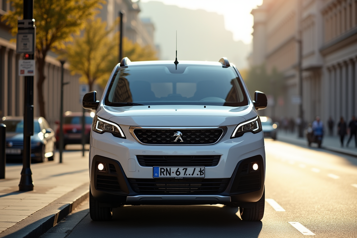 Peugeot Rifter 2024 stationné en ville en vue frontale