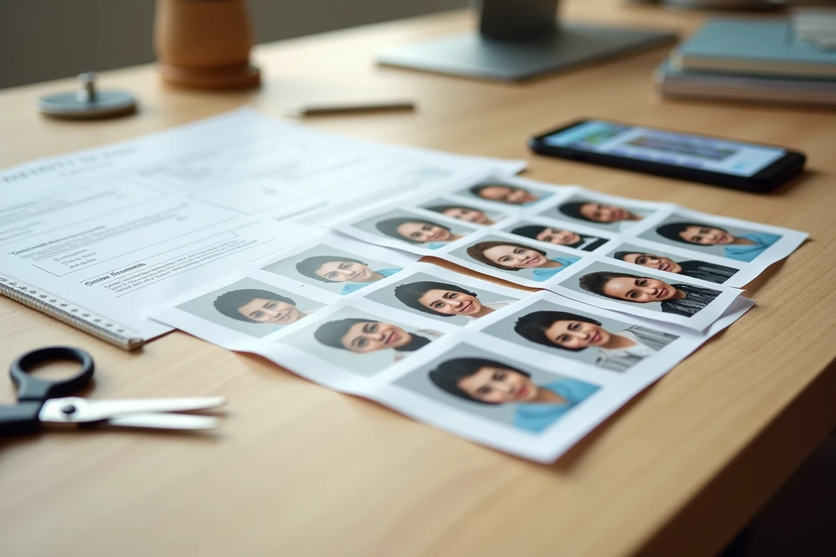 Flat-lay de photos d'identité imprimées à la maison avec formulaire administratif et application mobile
