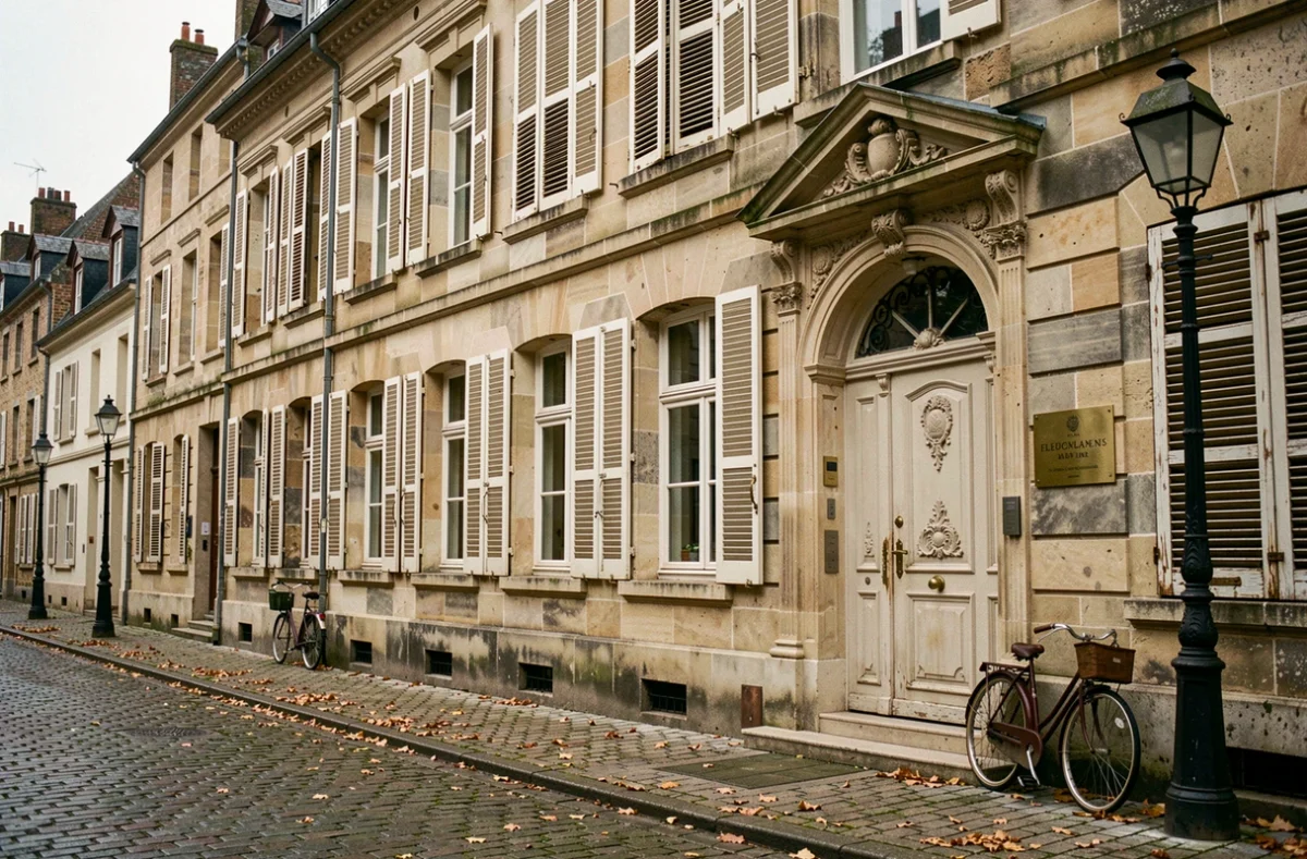 Façade historique du cabinet Picard Lebel Queffrinec dans l'Eure, bâtiment normand du XIXe siècle avec plaque en laiton