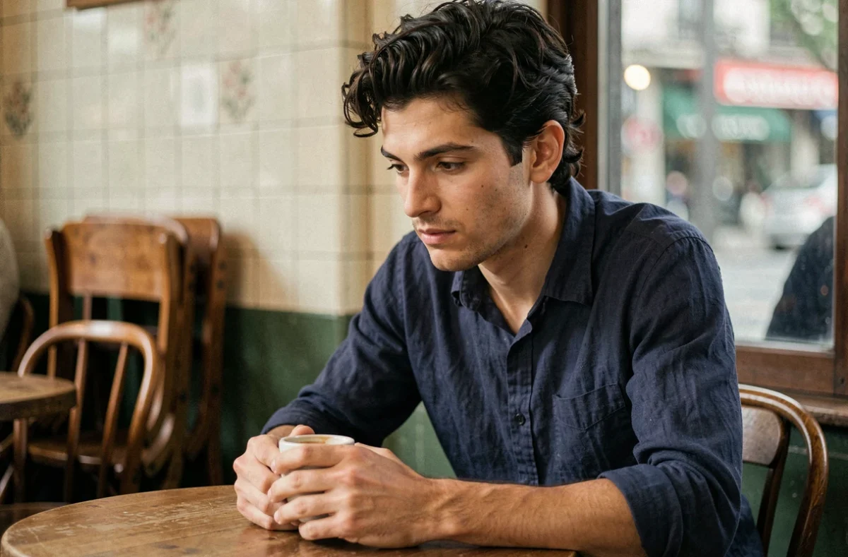 Jeune homme français pensif attablé dans un bistrot parisien, ambiance intimiste et candide évoquant la vie privée d'un artiste discret