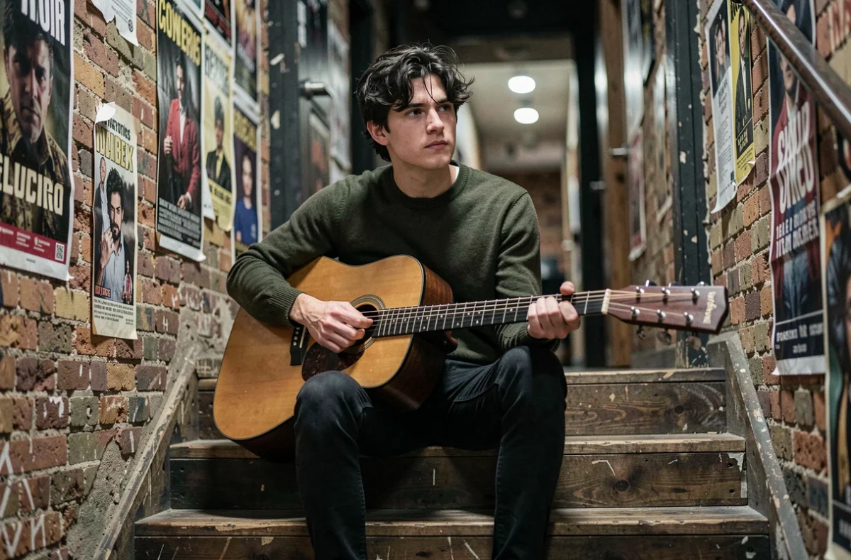 Musicien français en coulisses tenant une guitare acoustique, ambiance documentaire et sobre illustrant la discrétion d'une personnalité publique