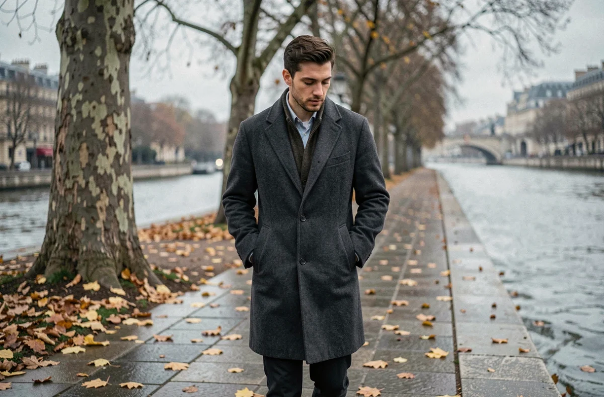 Homme se promenant seul sur les quais de Seine à Paris en automne, atmosphère contemplative et intimiste pour illustrer la vie privée discrète d'une célébrité française