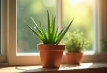 Aloe vera plantée dans un petit pot en terre cuite sur une fenêtre lumineuse