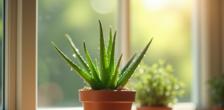 Aloe vera plantée dans un petit pot en terre cuite sur une fenêtre lumineuse