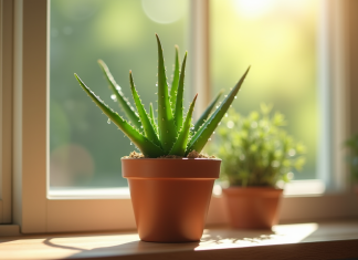 Aloe vera plantée dans un petit pot en terre cuite sur une fenêtre lumineuse