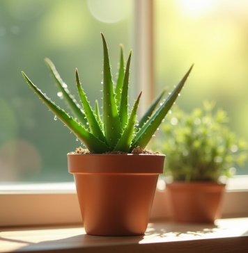Bouture d’aloe vera : comment l’entretenir une fois plantée ? Aloe vera plantée dans un petit pot en terre cuite sur une fenêtre lumineuse